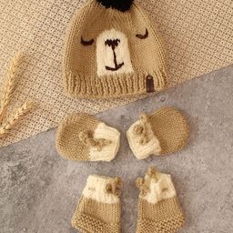 Woonie Infants Self Design Acrylic Beanie Cap With Booties & Mittens-1