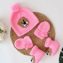 Woonie Infants Self Design Acrylic Beanie Cap With Booties & Mittens-10