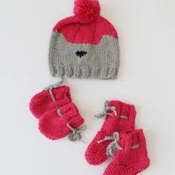 Woonie Infants Self Design Acrylic Beanie Cap With Booties & Mittens image 3