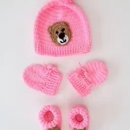 Woonie Infants Self Design Acrylic Beanie Cap With Booties & Mittens image 2