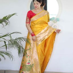 Mitera Yellow Ethnic Woven Design Zari Paithani Saree-10