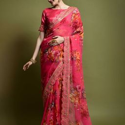 Mitera Floral Printed Sequinned Saree-image-5