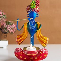 Golden Peacock Blue & Red Krishna Idol Showpiece-43