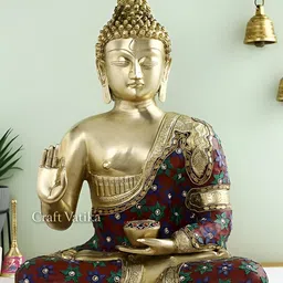 CraftVatika Gold Toned & Green Brass Buddha Religious Idol Showpiece-image-74