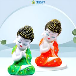 GW CREATIONS Orange & White 2 Pieces Lord Buddha Marble Idol Showpieces-image-40