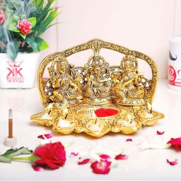 Kridaykraft Gold-Toned laxmi Ganesha Saraswati Diya Showpiece-image-9