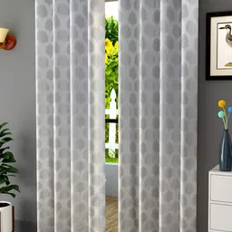 RIDHAAN Grey & White 2 Pieces Floral Jacquard Eyelet Room Darkening Door Curtain-0