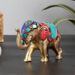 Two Moustaches Red And Blue Gemstone Work  Brass Elephant Figurine  Showpieces-image-56
