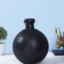 Golden Peacock Black Woven Design Metal Grid Black Vase-46