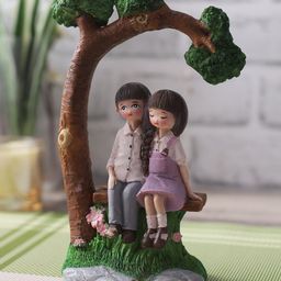 CraftVatika Green & Brown Textured Resin Romantic Love Couple Sitting on Bench Miniature Statue Showpiece-5