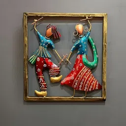 CraftVatika Brown & Red Couple Playing Dandiya Metal Wall Hanging Frame Figurine Showpiece-image-33