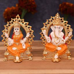 CraftVatika 2 Pcs Golden & Orange Textured Ganesh & Laxmi Ceramic Idol Showpieces-10