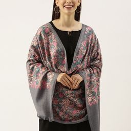 Pashmoda Women Grey & Pink Embroidered Pure Wool Shawl-22