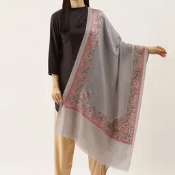 Pashmoda Women Grey & Pink Embroidered Pure Wool Shawl-23