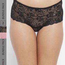 N-Gal Women Black & Pink Pack of 2 Self-Design Laced Boyshort Briefs-picture-11