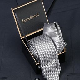LOUIS STITCH Men Ash Grey Italian Silk Necktie Accessory Gift Set-image-64