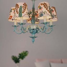 Fos Lighting Green & Cream Coloured Embroidered 5 Light Chandelier-51