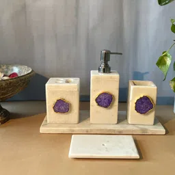 HOMEARTE White & Purple 5 Pieces Stoneware Bath Accessories Set-15