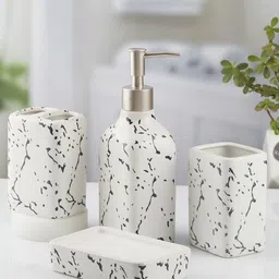 Kookee White & Black 4 Pieces Abstract Printed Ceramic Bath Accessories Set image 1