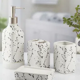 Kookee White & Black 4 Pieces Abstract Printed Ceramic Bath Accessories Set image 2