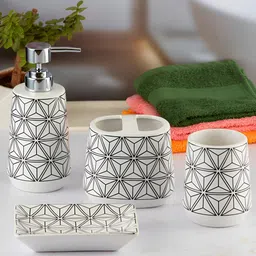 Kookee White & Black 4 Piece Abstract Ceramic Bath Accessories Set-57