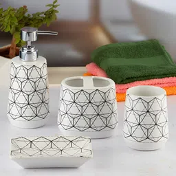 Kookee White 4 pieces Geometric Ceramic Bath Accessories Set-74