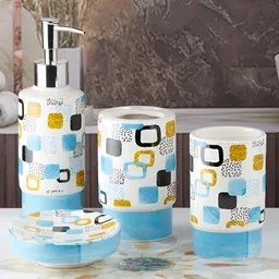 Kookee White & Yellow 4 piece Abstract Ceramic Bath Accessories Set-17