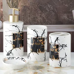 Kookee White & Black 4 Pieces Ceramic Abstract Bath Accessories Set-4