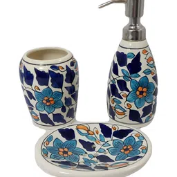 INDIA MEETS INDIA Blue 3 pieces Printed Ceramic Bath Accessories Set-55
