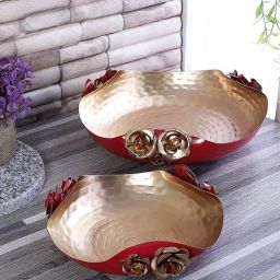 amaya decors Red & Gold Hammered Rose Urli Set of 2-picture-35