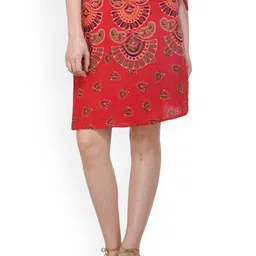 Exotic India Scarlet Wrap-Around Printed Pure Cotton Sanganeri Short-Skirt-image-9