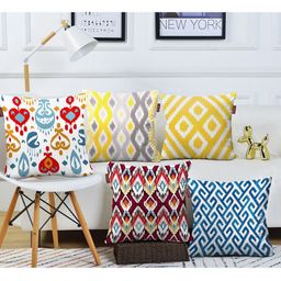 AEROHAVEN Blue & Yellow 5 Pieces Geometric Cotton Square Cushion Covers-18