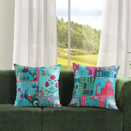 SWAYAM Blue & Purple Set of 2 Ethnic Motifs Square Cushion Covers-55