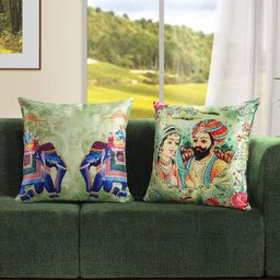 SWAYAM Green & Yellow Set of 2 Ethnic Motifs Square Silk Cushion Covers-15