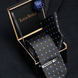 LOUIS STITCH Men Metal Black Italian Silk Necktie Accessory Gift Set-image-99