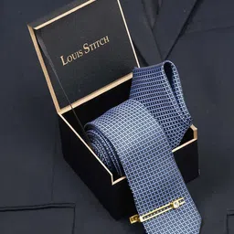 LOUIS STITCH Men Dotted Blue Italian Silk Necktie Accessory Gift Set-56