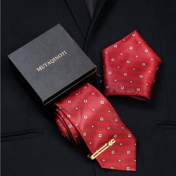 MUTAQINOTI Set Of 3 Dark Striped Red Silk Blend Necktie Accessory Gift Set-image-96