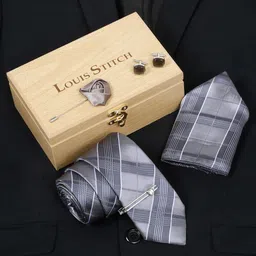 LOUIS STITCH Men Checked Silk Accessory Gift Set-image-34