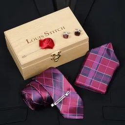 LOUIS STITCH Men Checked Silk Accessory Gift Set-image-44