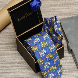 LOUIS STITCH Men Blue Printed Italian Silk Formal Tie Accessory Gift Set-27