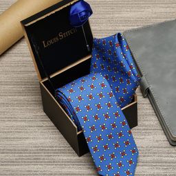 LOUIS STITCH Men Blue Printed Necktie Italian Silk Accessory Gift Set-image-97