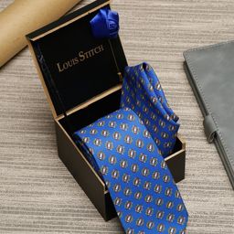 LOUIS STITCH Men Blue Printed Necktie Italian Silk Accessory Gift Set-image-95