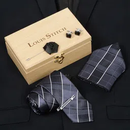 LOUIS STITCH Men Checked Silk Necktie Accessories Gift Set-image-46