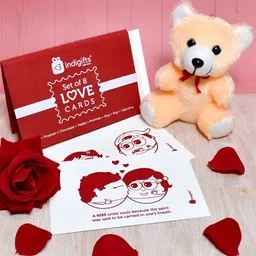Indigifts White & Red 3 Pcs Printed Postcard Teddy & Rose Valentine Home Gift Set-17