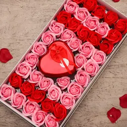 TIED RIBBONS Red & Pink 2 Pieces Artificial Flowers With Heart Box Valentine Home Gift Set-1
