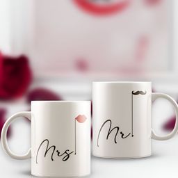 eCraftIndia White & Pink 2 Pieces Mrs and Mr Valentine Theme Printed Ceramic Coffee Mugs-47