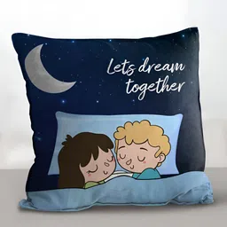 eCraftIndia Blue & Yellow Couple Sleeping Under The Moon Printed Square Pre-Filled Cushion-image-1