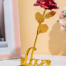 Ascension Gold-Toned & Red 2 Pieces Textured Rose Flower With Love Stand Showpieces-image-75