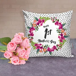 TIED RIBBONS Mothers Day Gift White & Black Printed Cushion With Artificial Flowers-picture-12
