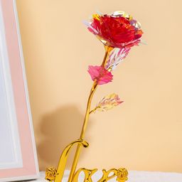 Ascension Gold-Toned & Pink Textured Rose Flower With Love Stand Showpieces-19
